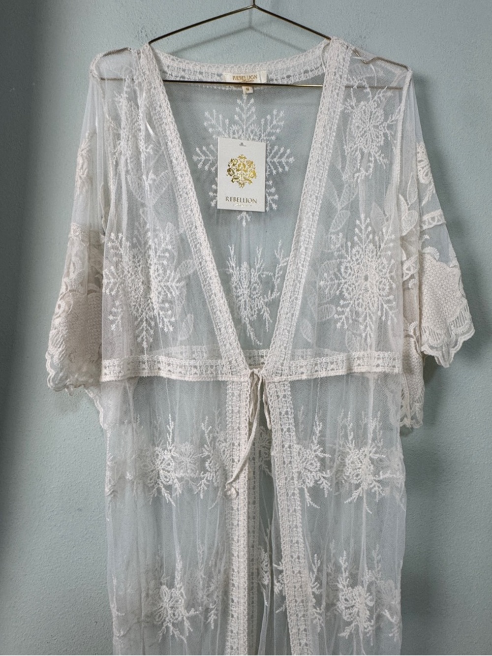 Rebellion Again Crochet Lace Floral Kimono Duster Cover Up Ethereal Festival M - Picture 2 of 9